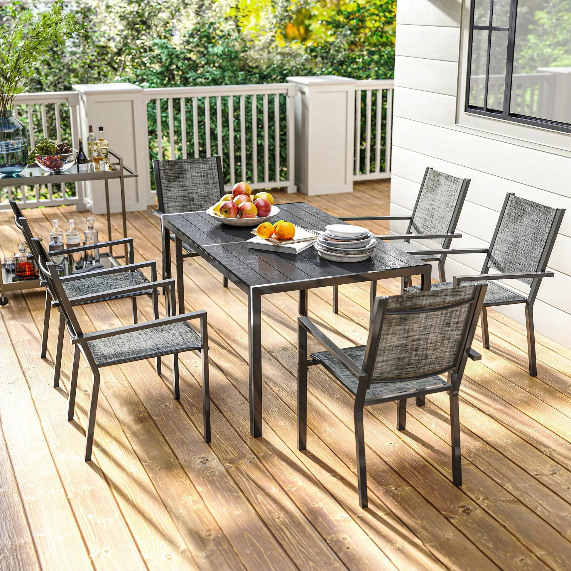 7-Piece Outdoor Dining Set, 6 Stackable Chairs, Rectangle Table, WPC Slatted Top Outdoor Dining Sets at Gallery Canada