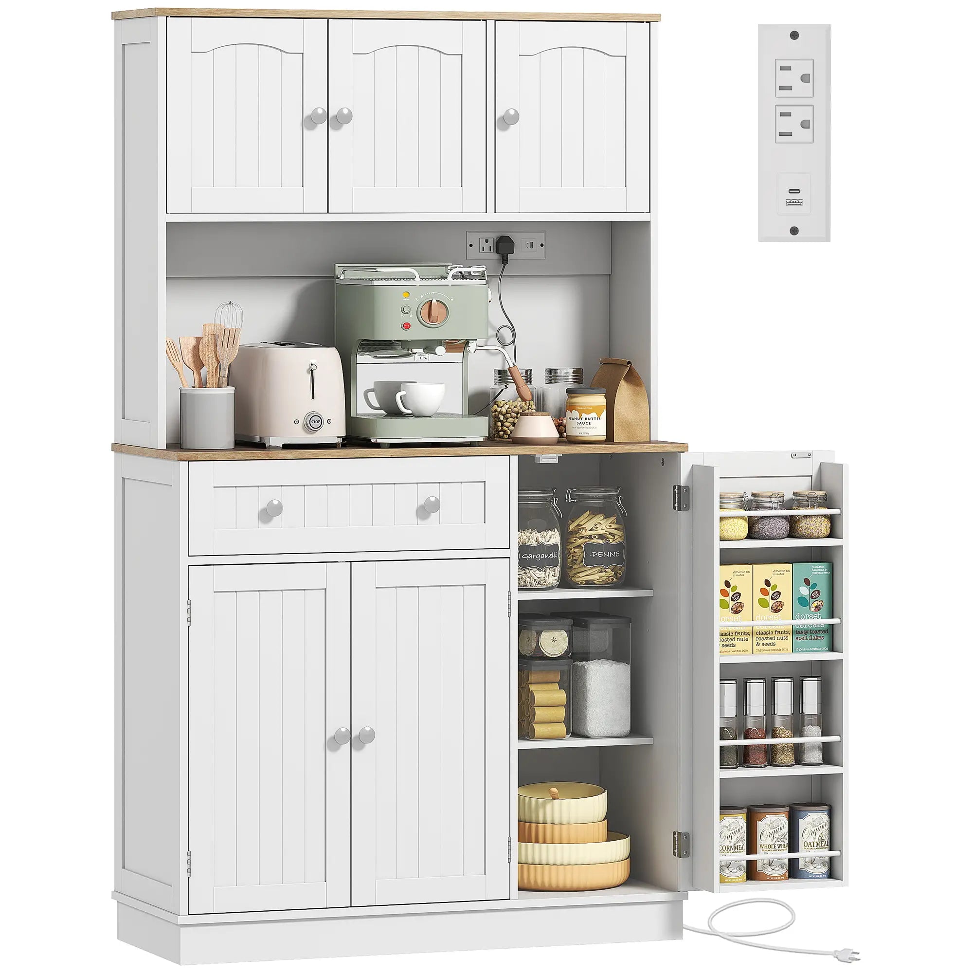 68 Inch Pantry Cabinet with Charging Station, Microwave Stand, 4 Door Racks, White Kitchen Pantry Cabinets at Gallery Canada