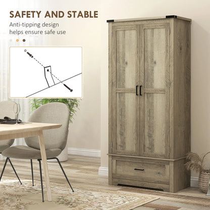 69" Tall Farmhouse Kitchen Pantry, 2 Doors, Drawer, Adjustable Shelves, Grey