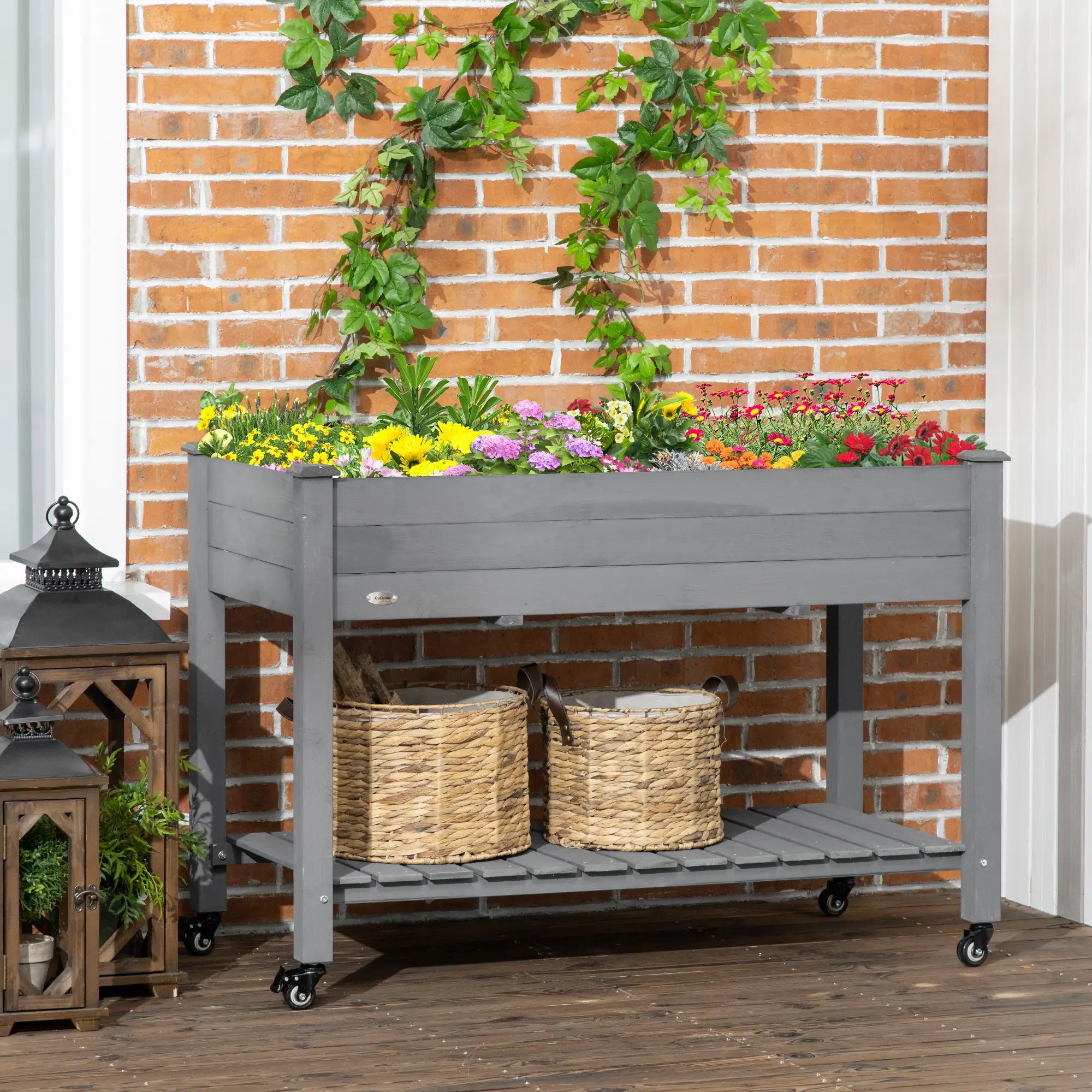 Mobile Raised Garden Bed, Wood Planter Box w/ Wheels, Storage Shelf, Dark Grey Elevated Garden Beds at Gallery Canada