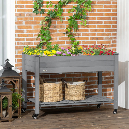 Mobile Raised Garden Bed, Wood Planter Box w/ Wheels, Storage Shelf, Dark Grey