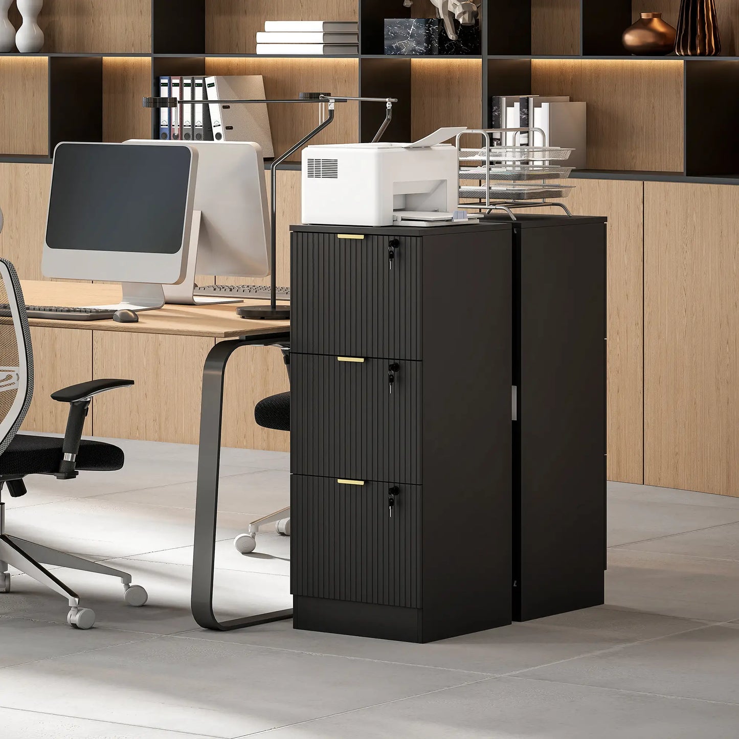 Lockable Filing Cabinet, 3 Fluted Drawers, Adjustable Hanging Rails, Black Office Cabinets & Cupboards at Gallery Canada