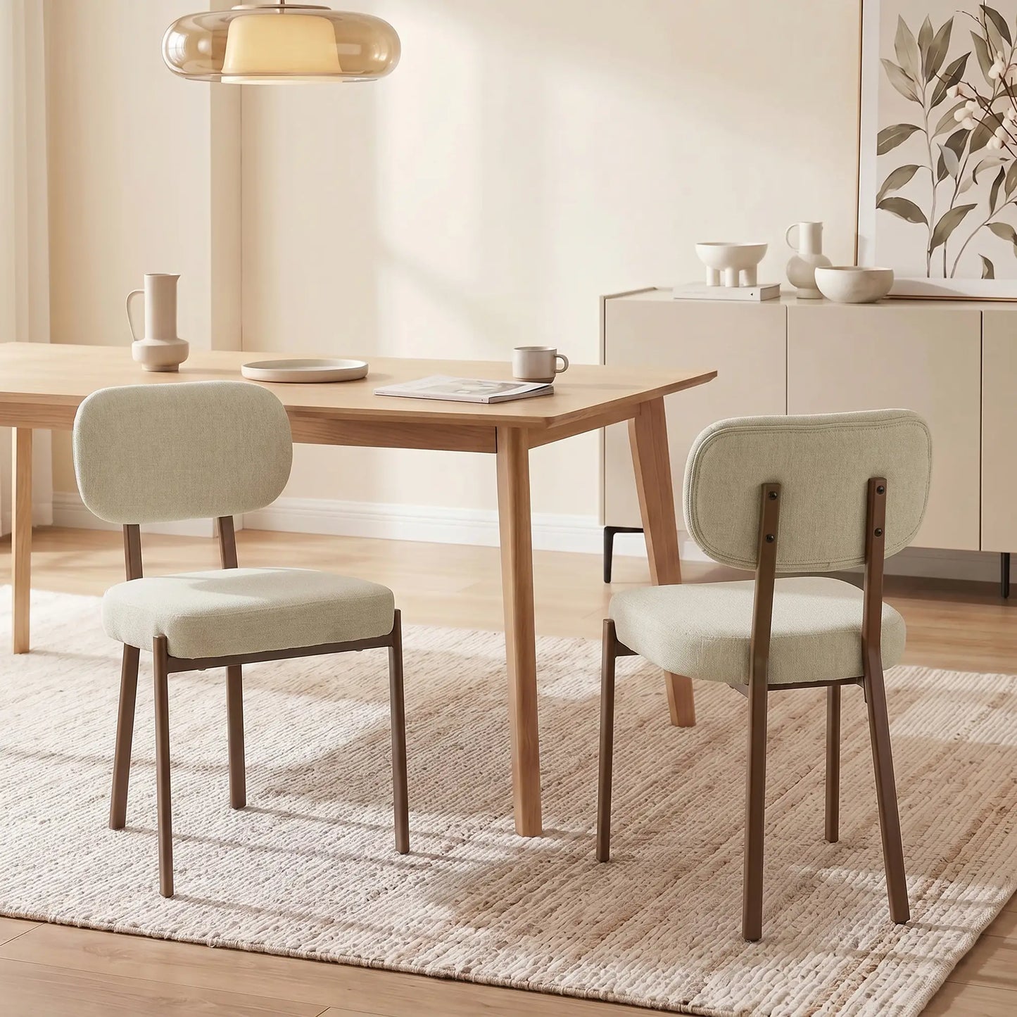 Upholstered Linen Fabric Kitchen Chairs, Modern Dining Chairs Set of 2 with Metal Legs, Beige