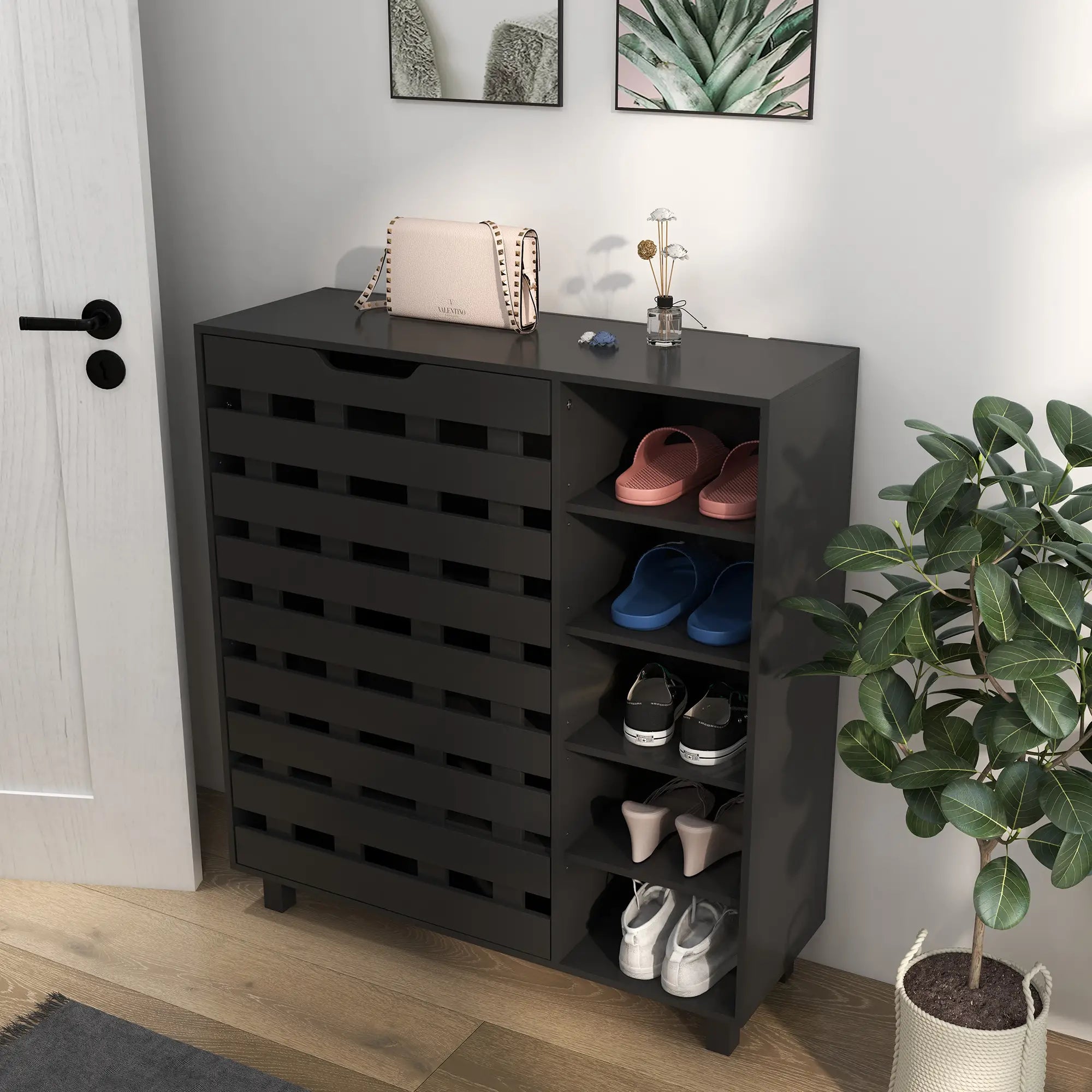21 Pair Shoe Cabinet, 5-Tier Double Door, 5-Tier Open Shelves, Black Shoe Storage Cabinets & Racks at Gallery Canada