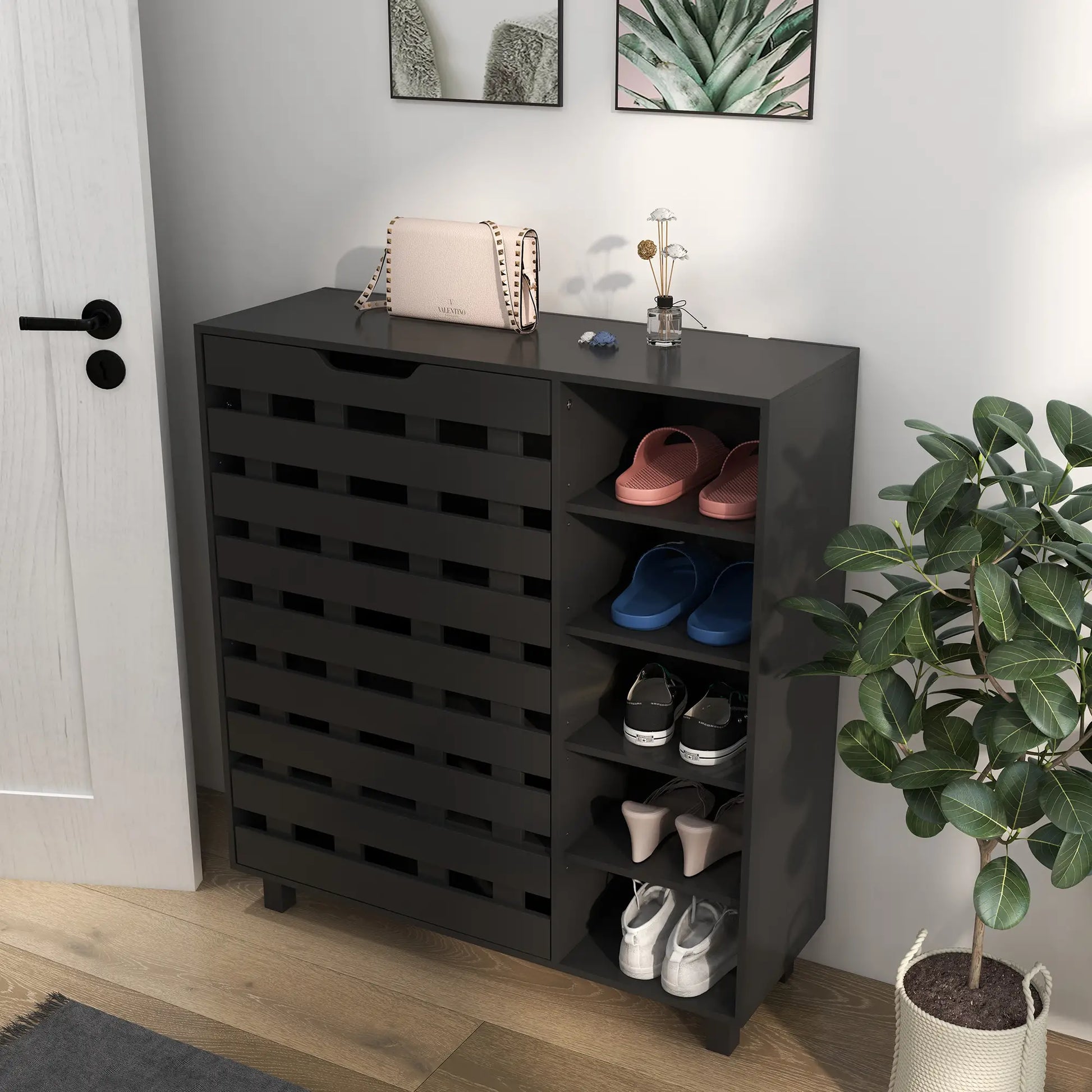21 Pair Shoe Cabinet, 5-Tier Double Door, 5-Tier Open Shelves, Black Shoe Storage Cabinets & Racks at Gallery Canada
