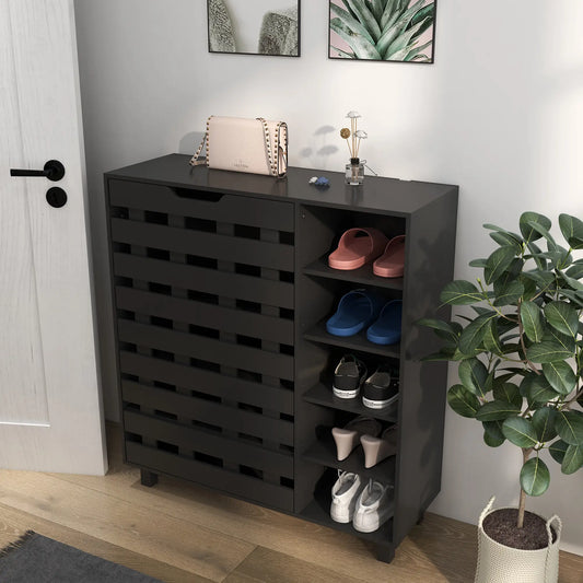 21 Pair Shoe Cabinet, 5-Tier Double Door, 5-Tier Open Shelves, Black Shoe Storage Cabinets & Racks Black at Gallery Canada