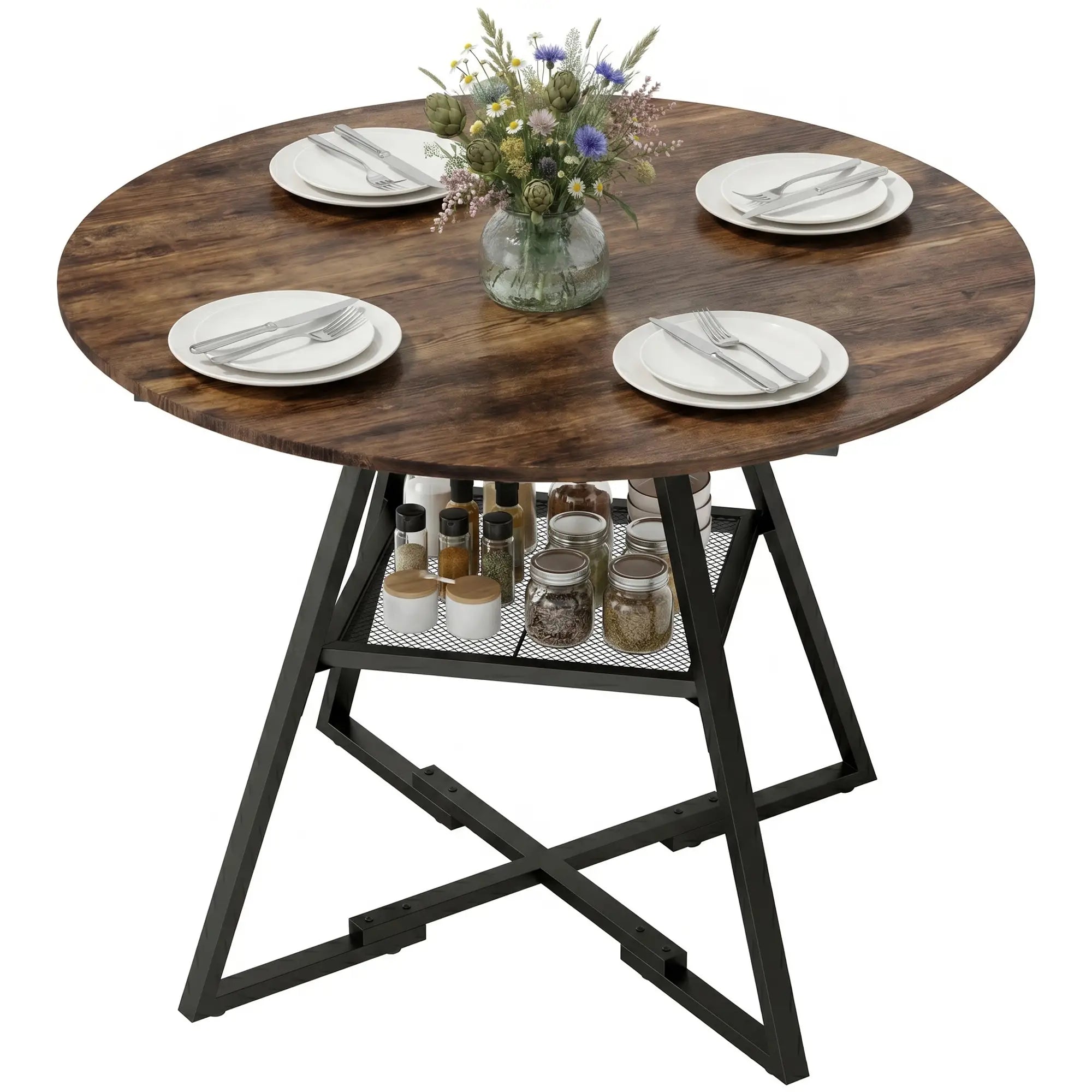 39.4 Inch Round Dining Table For 4, Metal Storage Shelf, Rustic Brown Dining Tables Multi Colour at Gallery Canada