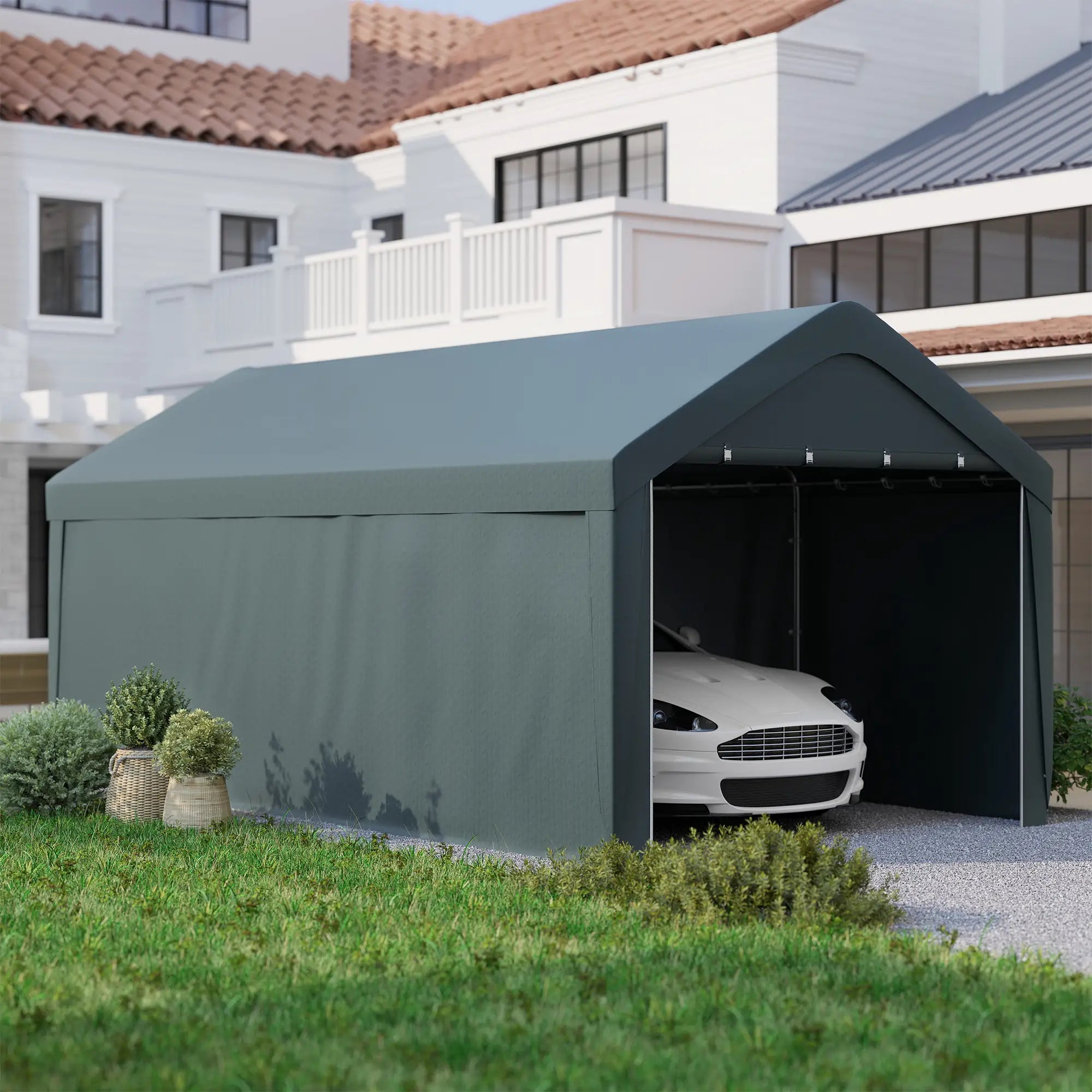 10 x 20 ft Portable Carport, 2 Roll-Up Doors, Removable Sidewalls, Dark Grey Car Shelters at Gallery Canada