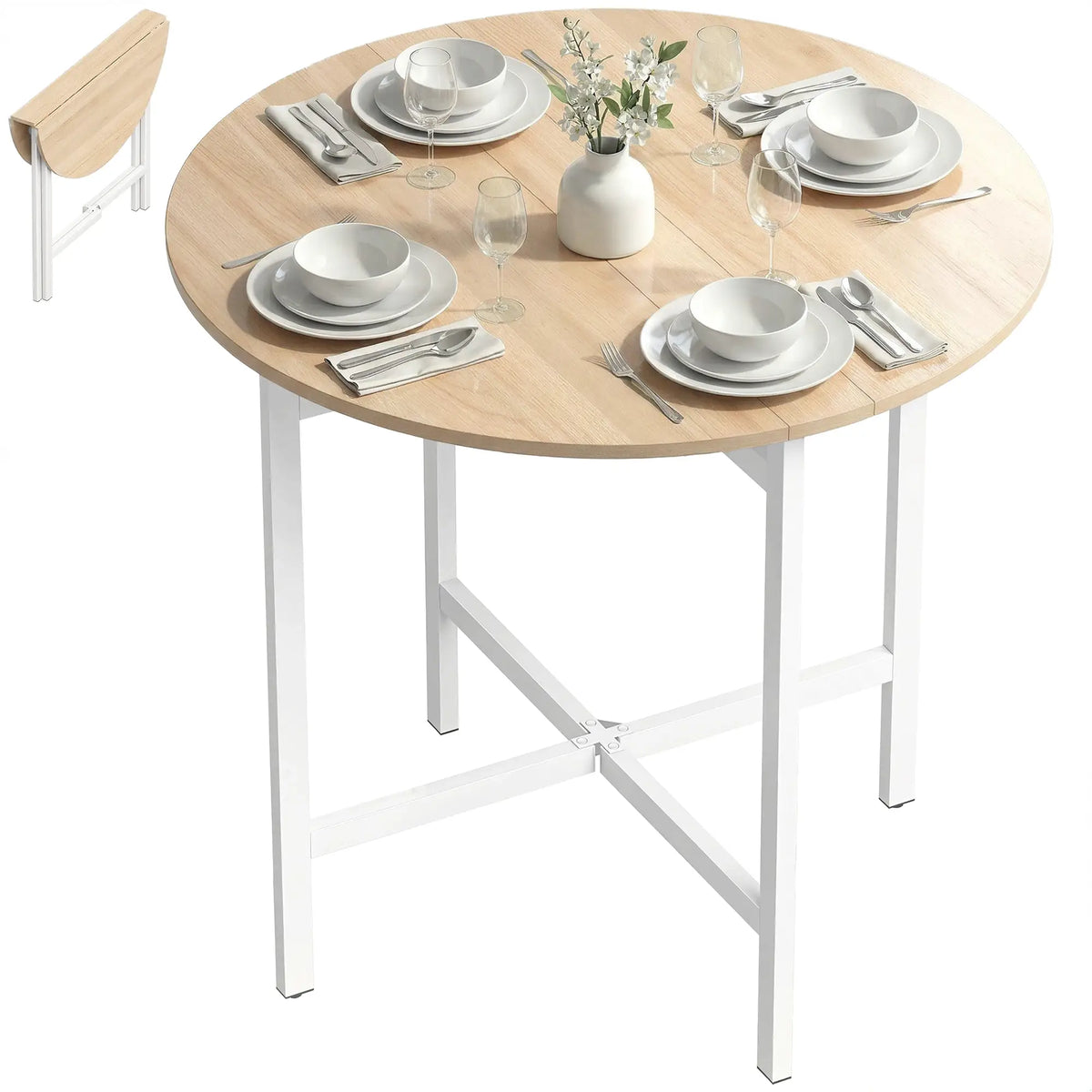 Folding Dining Table For 2-4 People, 31.5" Round Drop Leaf, Natural Wood, Natural Wood Dining Tables at Gallery Canada