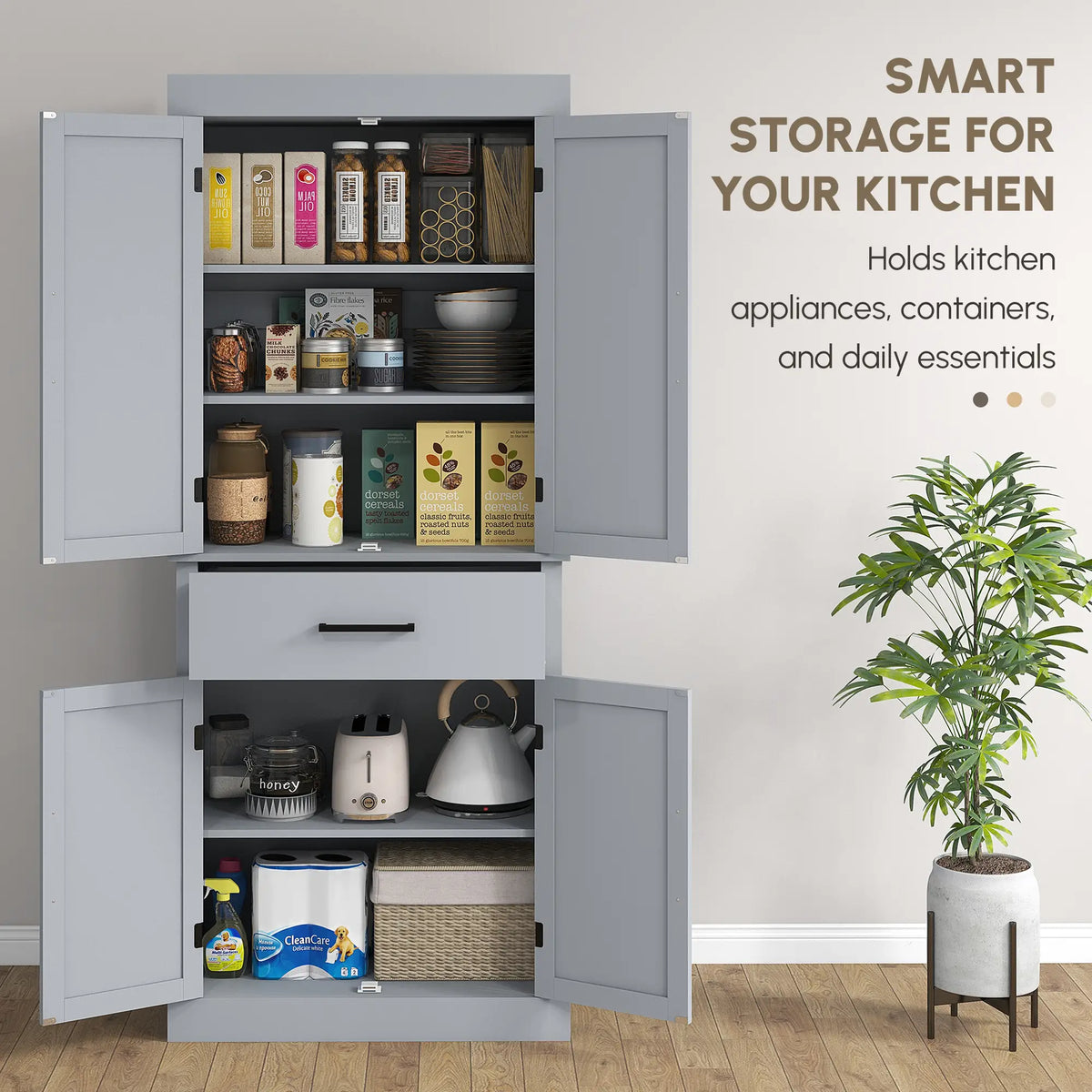 72" Kitchen Storage Cabinet, Farmhouse Pantry, 4 Barn Doors, Drawer, Adjustable Shelves, Grey Kitchen Pantry Cabinets at Gallery Canada
