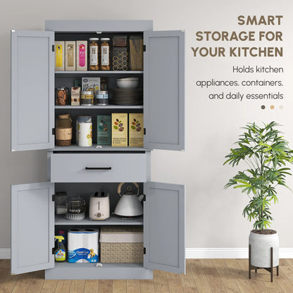 72" Kitchen Storage Cabinet, Farmhouse Pantry, 4 Barn Doors, Drawer, Adjustable Shelves, Grey Kitchen Pantry Cabinets at Gallery Canada
