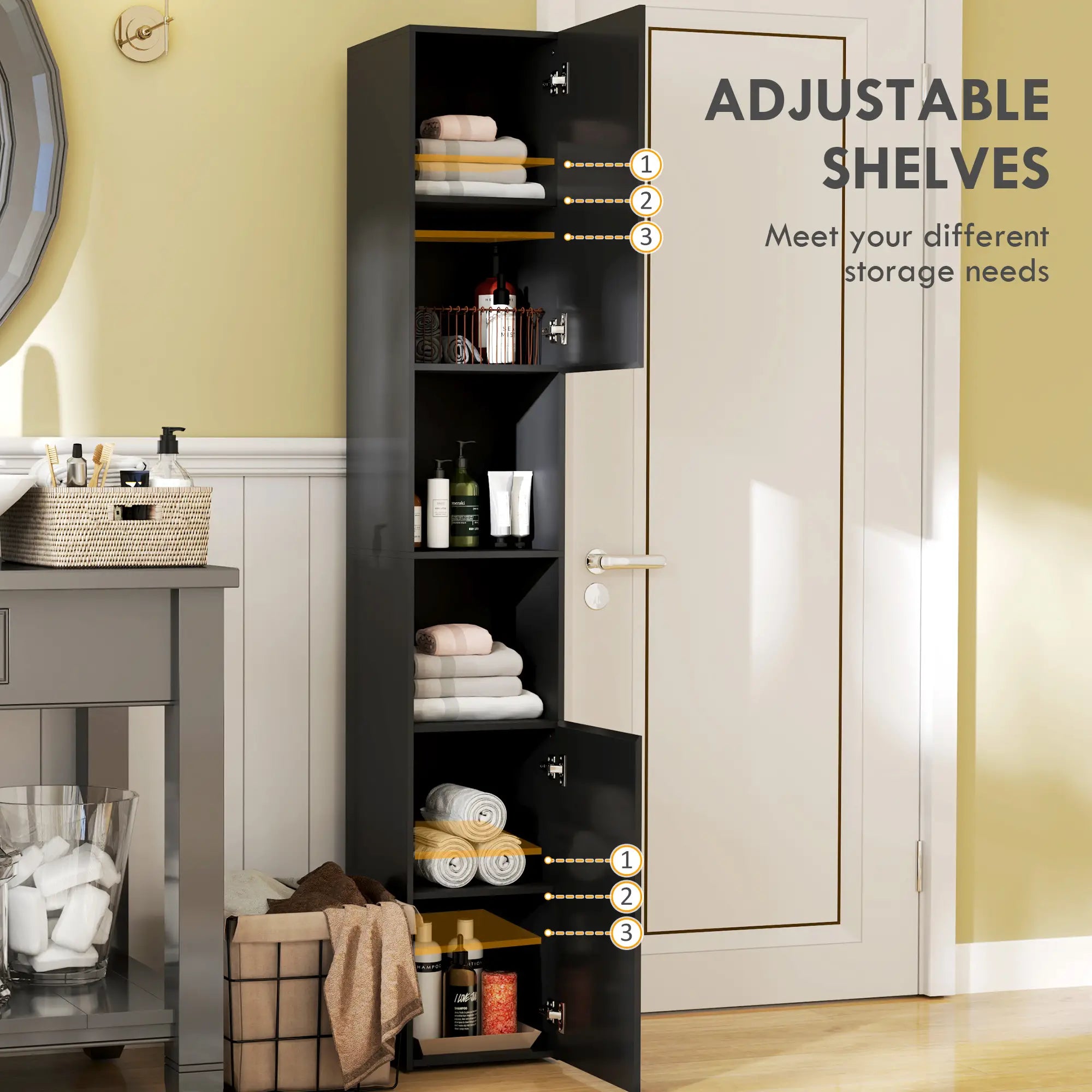 Tall Bathroom Cabinet, High Gloss Storage, Adjustable Shelves, 11.8