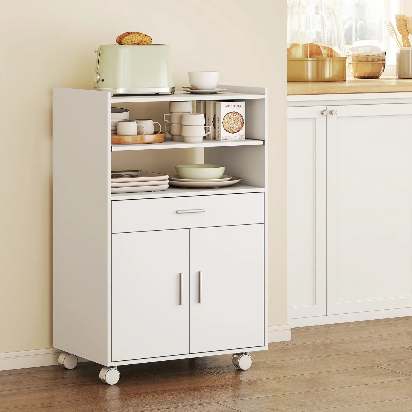 Microwave Cart with Wheels, Storage Cabinet, White Kitchen Islands & Kitchen Carts at Gallery Canada