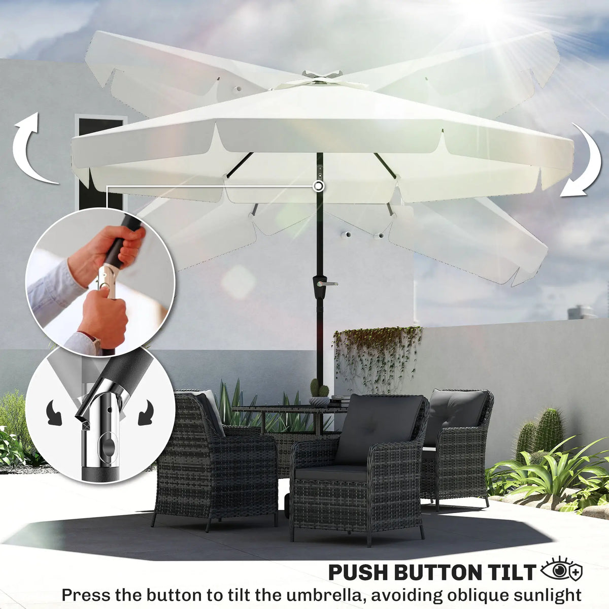 8.5 ft Round Patio Umbrella, Tilt and Crank, Cream White Sun Umbrellas at Gallery Canada