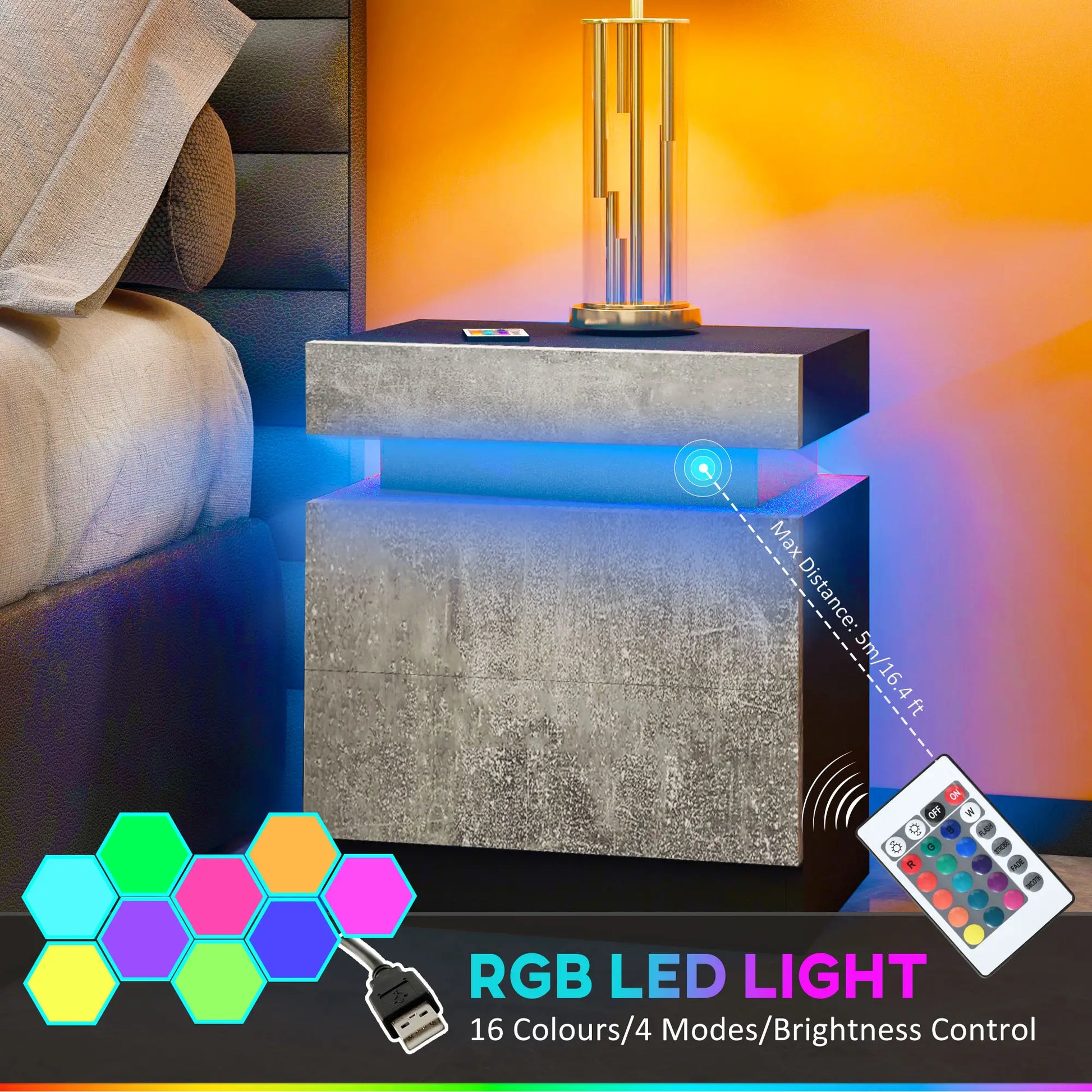 Nightstand, LED Lights, 2 Drawers, Cement Grey Bedside Tables at Gallery Canada