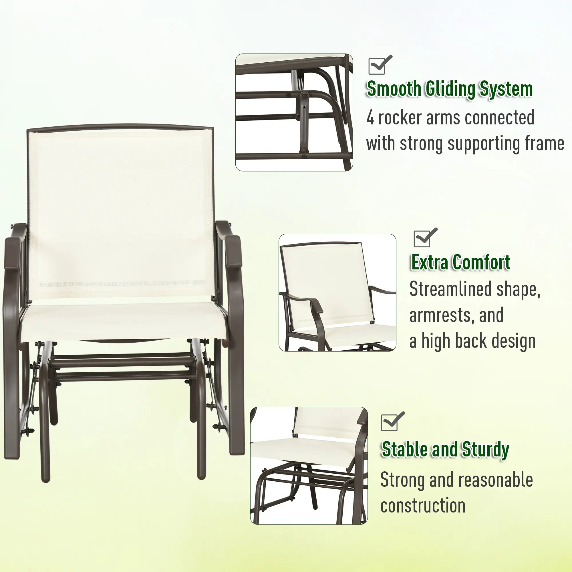 3 Piece Patio Glider Set, Breathable Mesh Seat, Glass Top Table, Cream White Outdoor Gliders at Gallery Canada