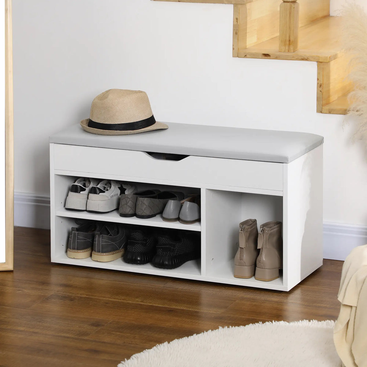 Shoe Bench Entryway Storage Rack, Padded Cushion, White Storage Ottomans & Benches at Gallery Canada