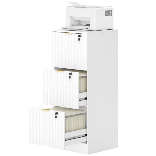 Lockable Filing Cabinet, 3 Fluted Drawers, Adjustable Hanging Rails, White