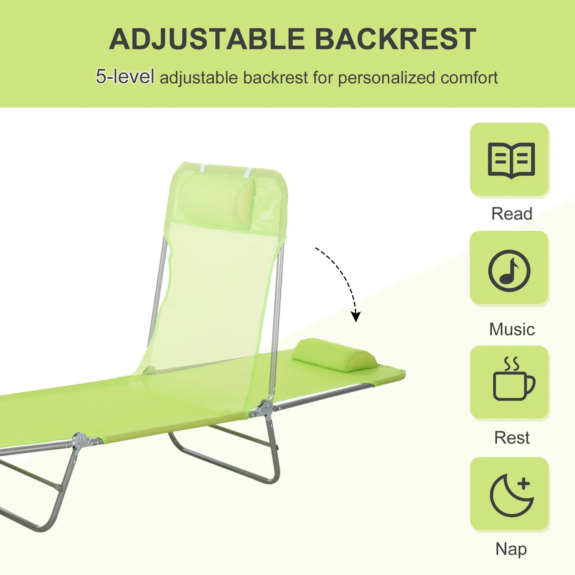 Portable Adjustable Reclining Lounge Chair, Folding Chaise, Light Green Lounger Chairs at Gallery Canada