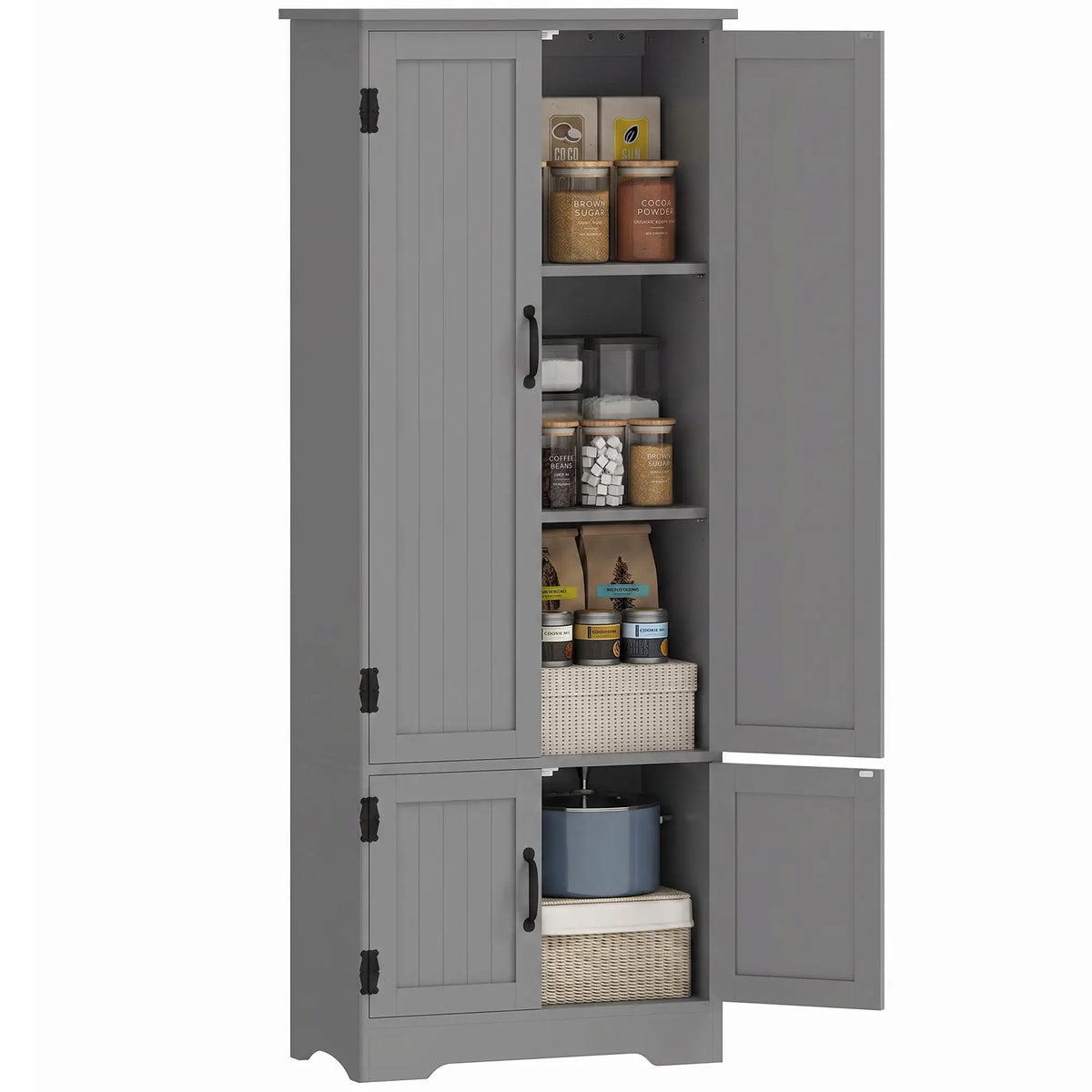 60" 4-Door Storage Cabinet, Multi-Storey Pantry, Adjustable Shelves, Grey, Grey