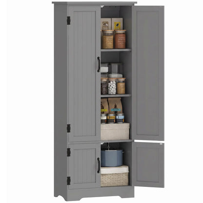 60" 4-Door Storage Cabinet, Multi-Storey Pantry, Adjustable Shelves, Grey, Grey