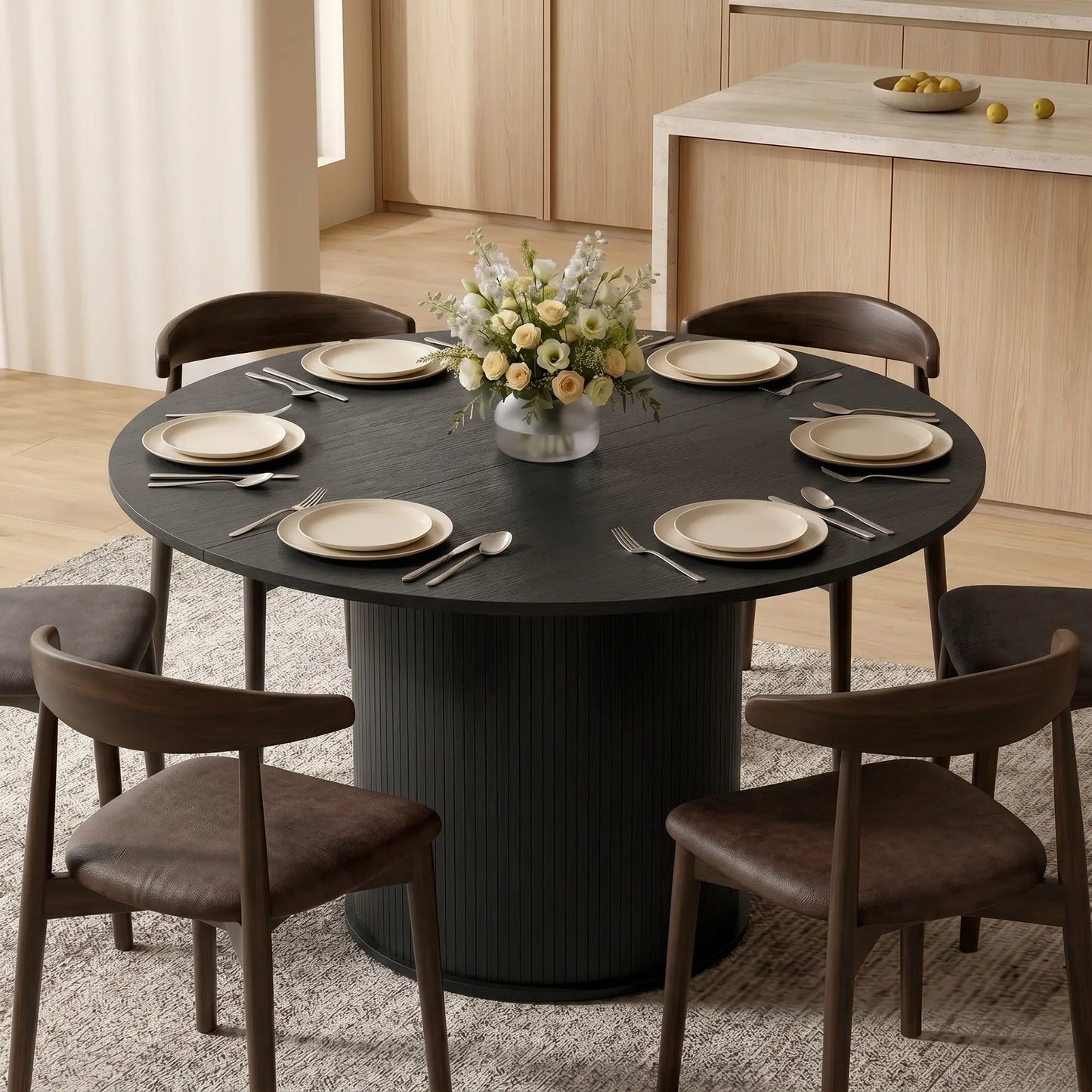 47 Inch Round Dining Table For 5, Fluted Pedestal Base, Black Dining Tables at Gallery Canada
