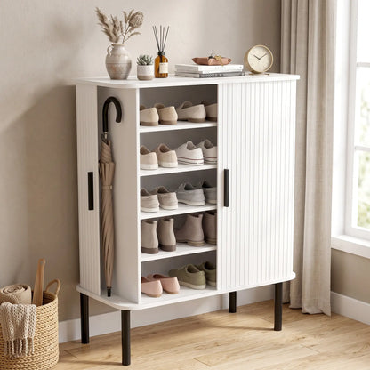 Shoe Cabinet Adjustable Shelves Side Cubbies Tambour Door, White