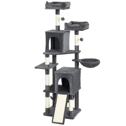 Cat Tree, 70 Inch Multi-Level Tower with Condos, Perches, Hammock, Dark Grey