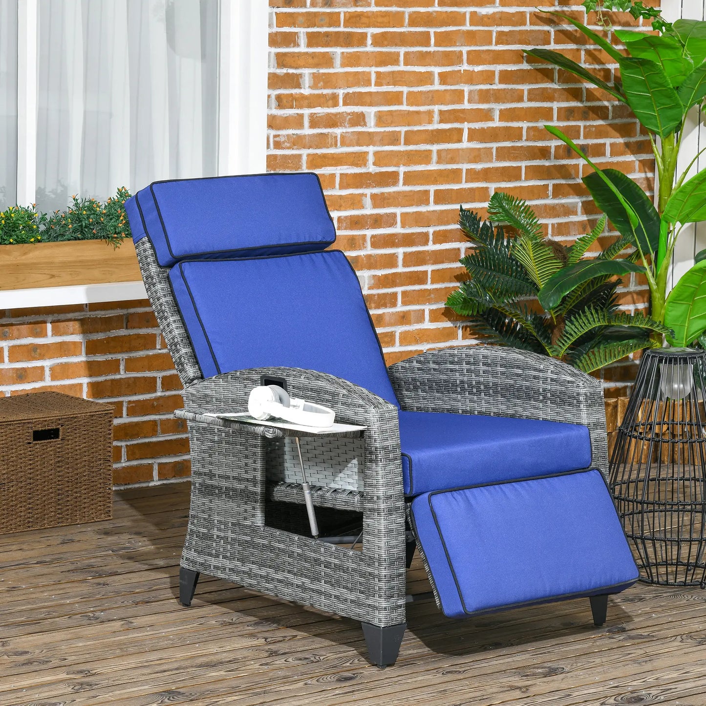 Outdoor Recliner Chair, Adjustable Backrest, Cushion, Side Tray, Dark Blue Wicker Chaise Loungers at Gallery Canada