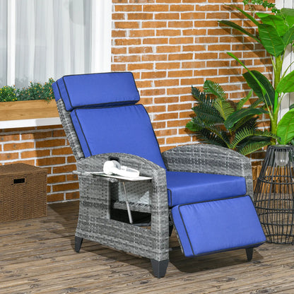 Outdoor Recliner Chair, Adjustable Backrest, Cushion, Side Tray, Dark Blue Wicker Chaise Loungers at Gallery Canada