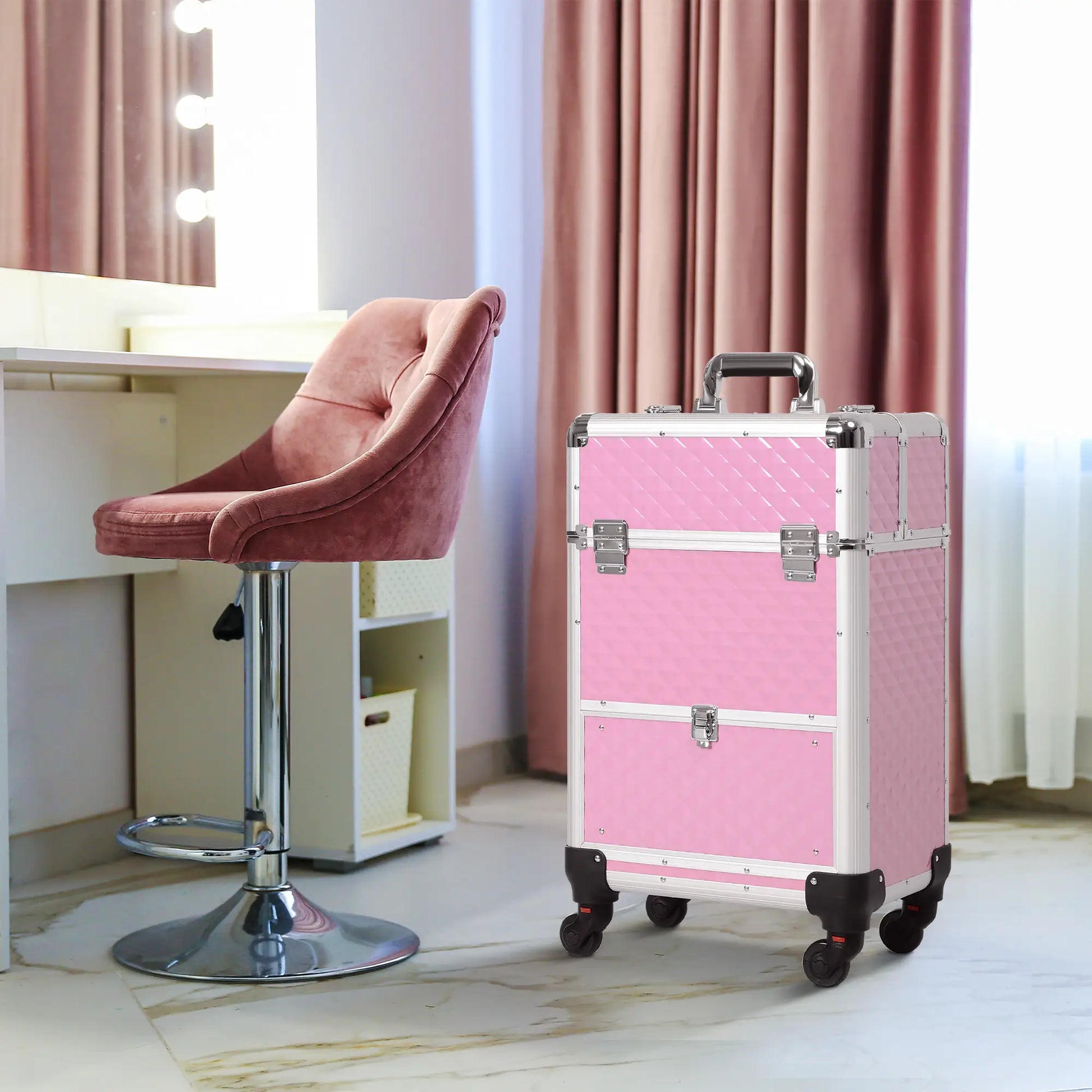 Portable Aluminum Makeup Train Case, Rolling Cosmetic Organizer, 4 Wheels, Pink Makeup Cases at Gallery Canada