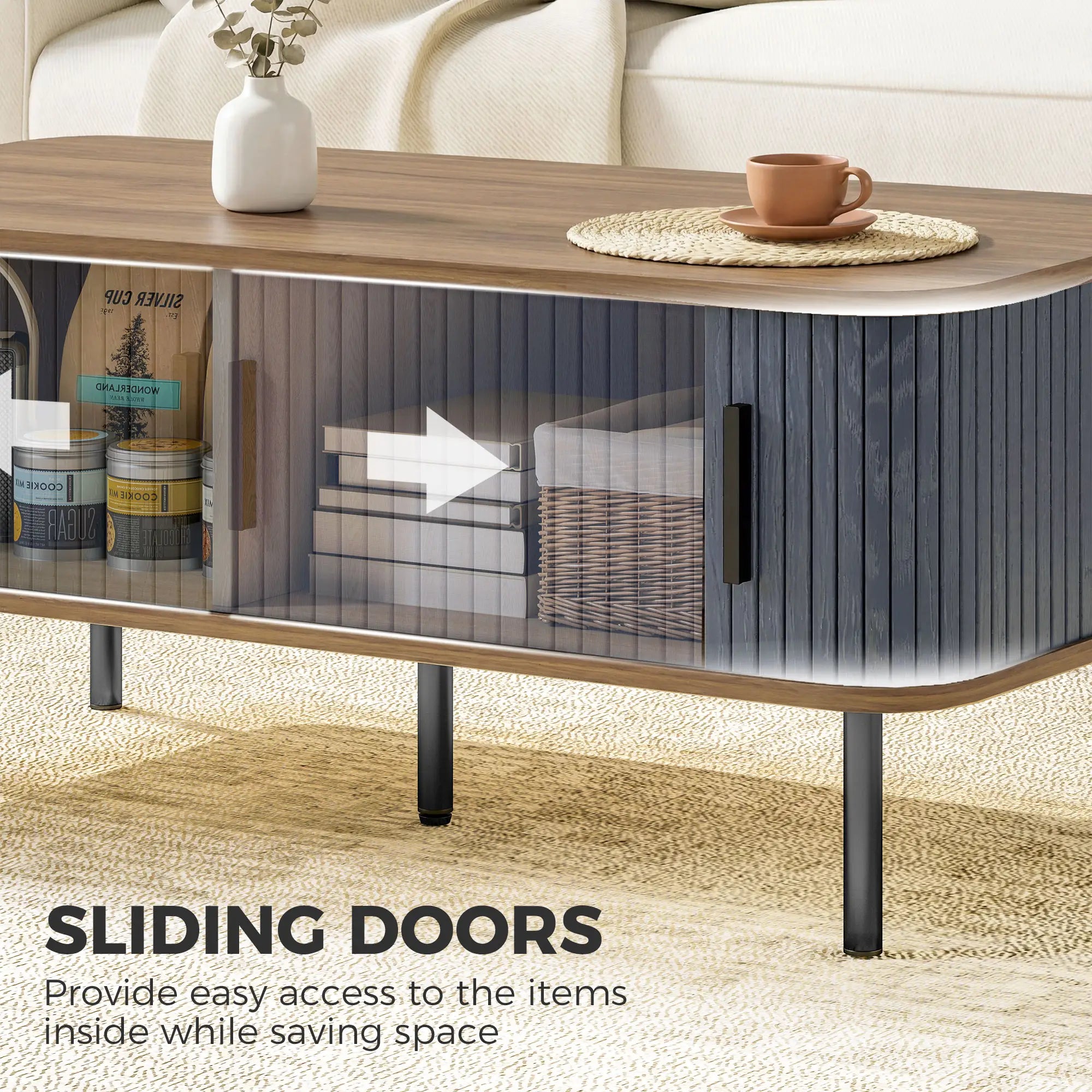 Nordic Side Table with Fluted Tambour Sliding Doors and Steel Legs, Coffee Table with Storage for Living Room, Black Coffee Tables at Gallery Canada