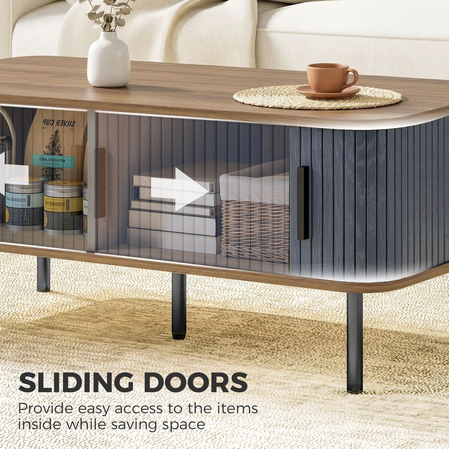 Nordic Side Table with Fluted Tambour Sliding Doors and Steel Legs, Coffee Table with Storage for Living Room, Black Coffee Tables at Gallery Canada