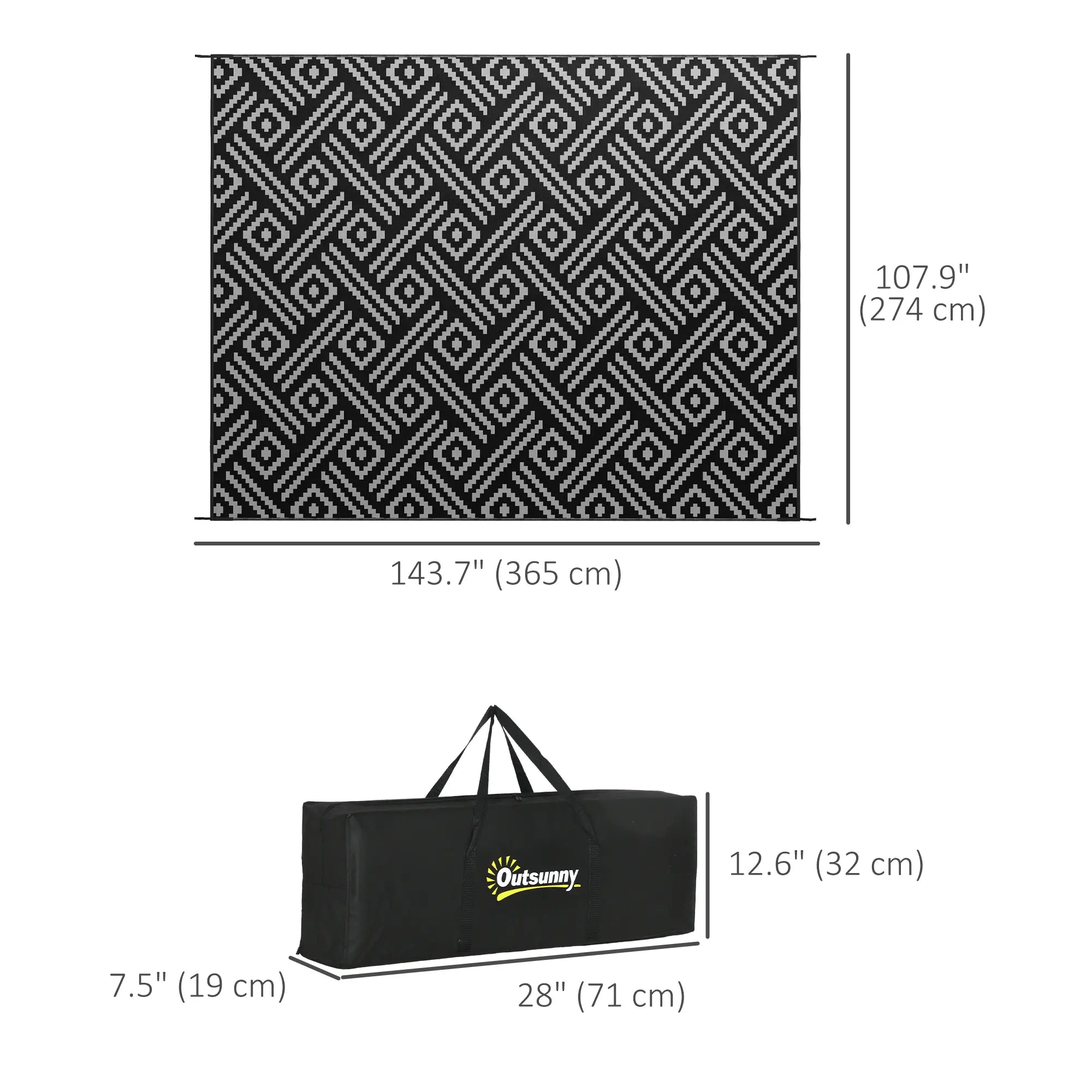 Reversible Outdoor Rug, Waterproof, 9' x 12', Geometric, Black Grey Outdoor Reversible Rugs at Gallery Canada