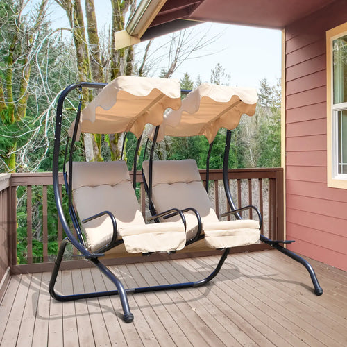 Metal Outdoor Swing Chair, 2 Seater Hammock with Canopy, Beige