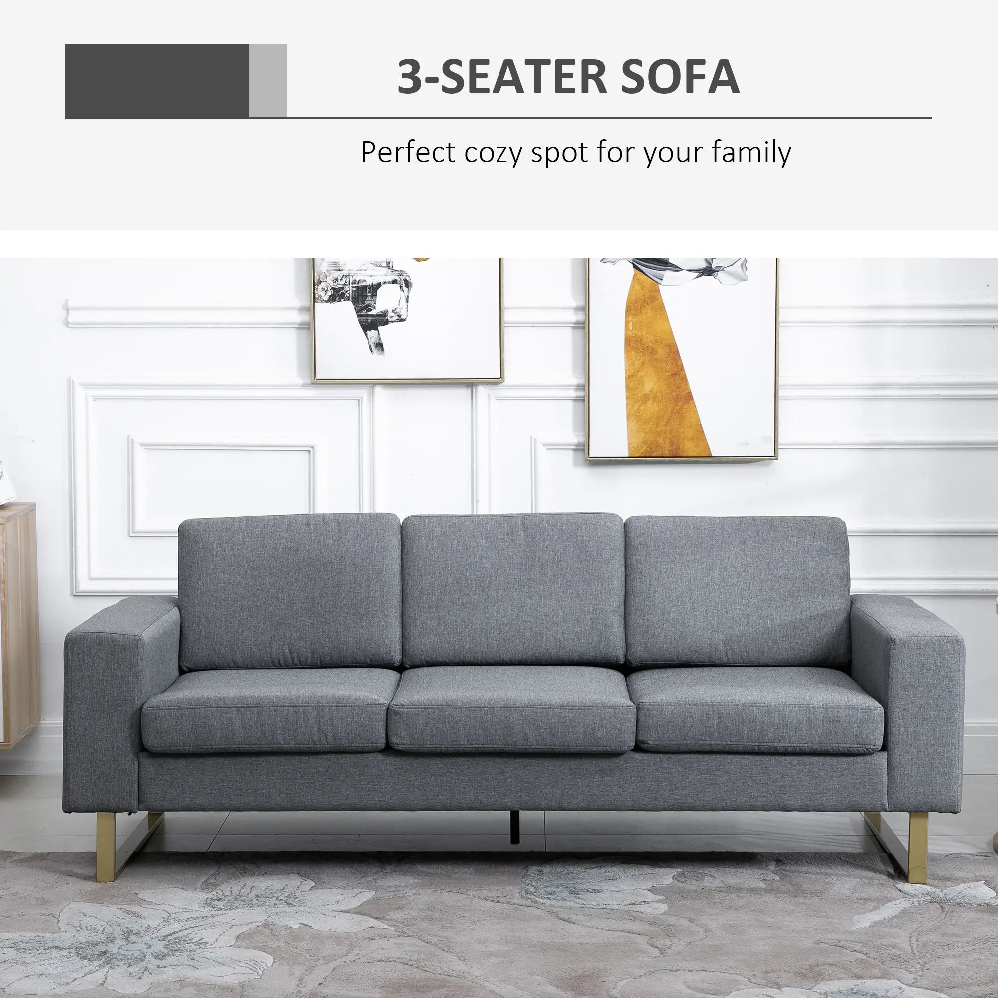 3 Seater Sofa, Linen Upholstered, Steel Leg, Wide Armrest, Grey 3-Seater Sofas at Gallery Canada