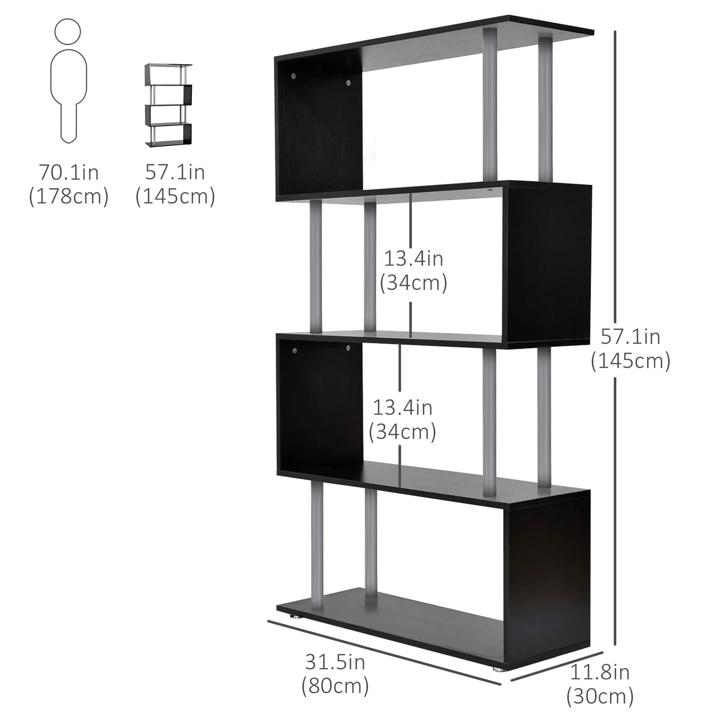 5-Tier Geometric Wooden Bookcase, S-Shaped Storage, Black Display Bookshelves at Gallery Canada