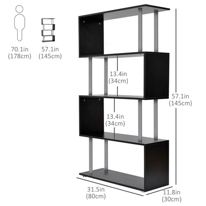 5-Tier Geometric Wooden Bookcase, S-Shaped Storage, Black Display Bookshelves at Gallery Canada