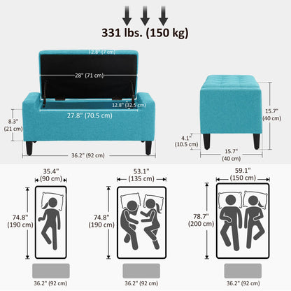 Linen Upholstered Storage Ottoman Bench, Tufted Design, Green