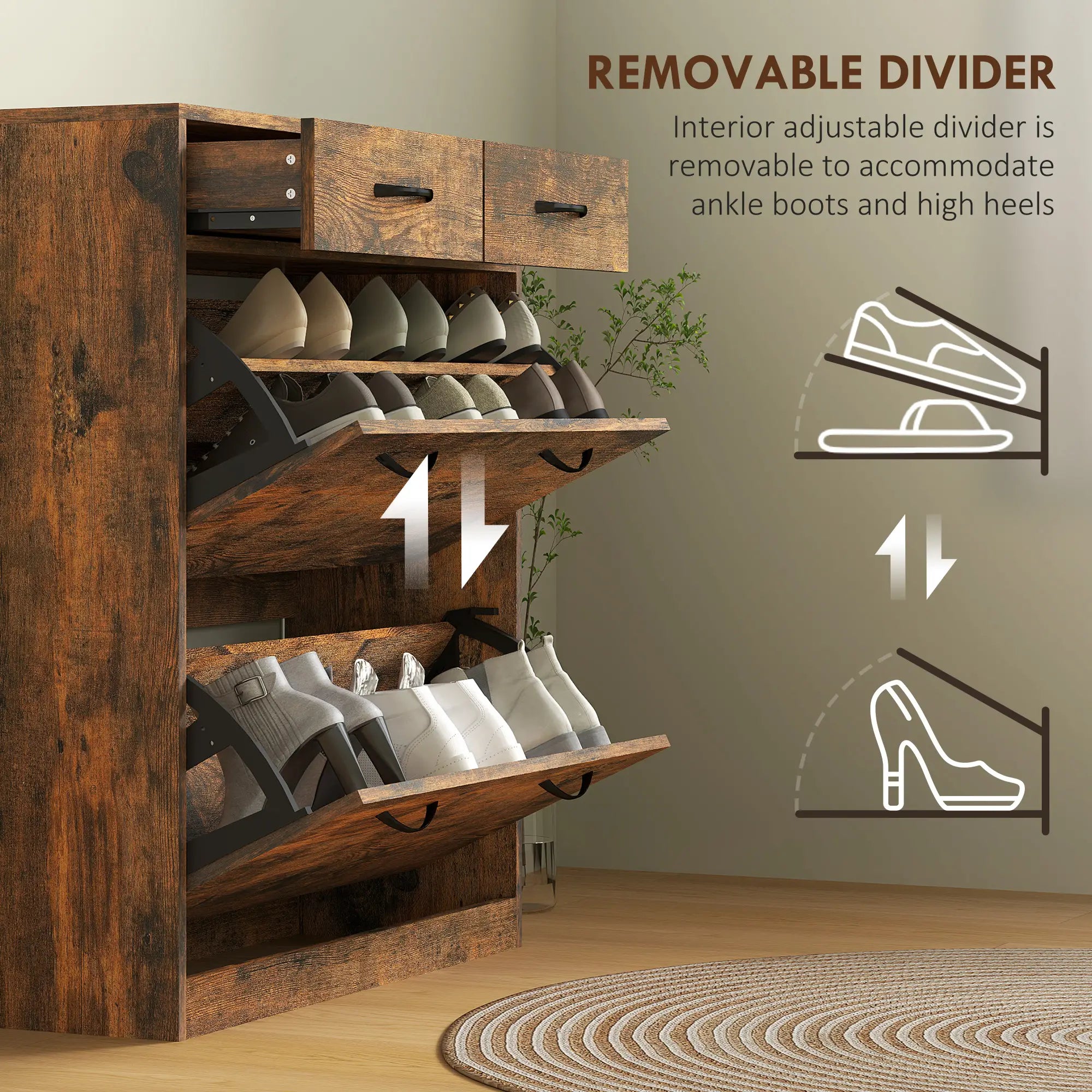 Narrow Shoe Storage, 2 Flip Drawers, Adjustable Shelves, 12 Pairs, Brown Shoe Storage Cabinets & Racks at Gallery Canada