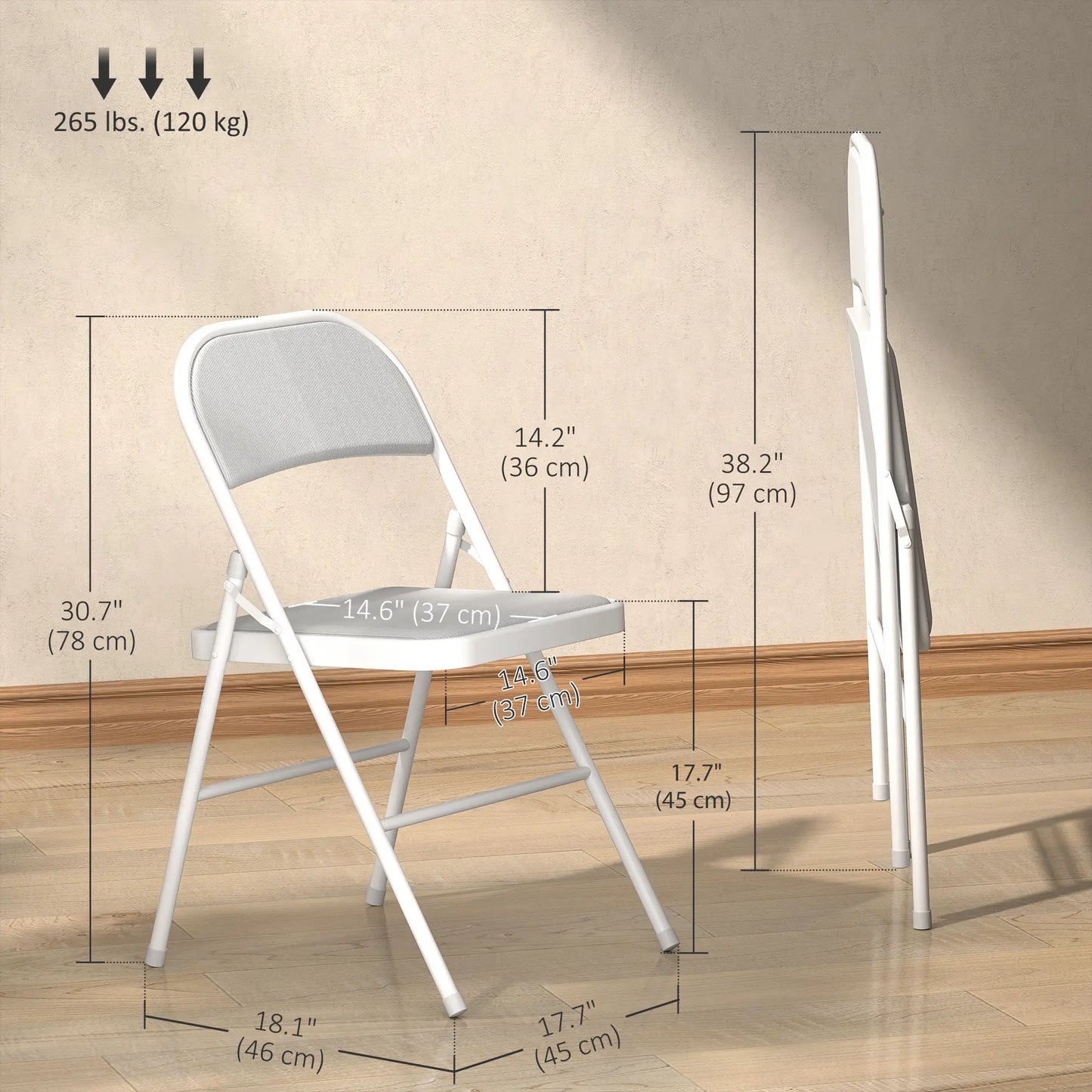 Set of 4 Metal Foldable Chairs, Corduroy Padded, White