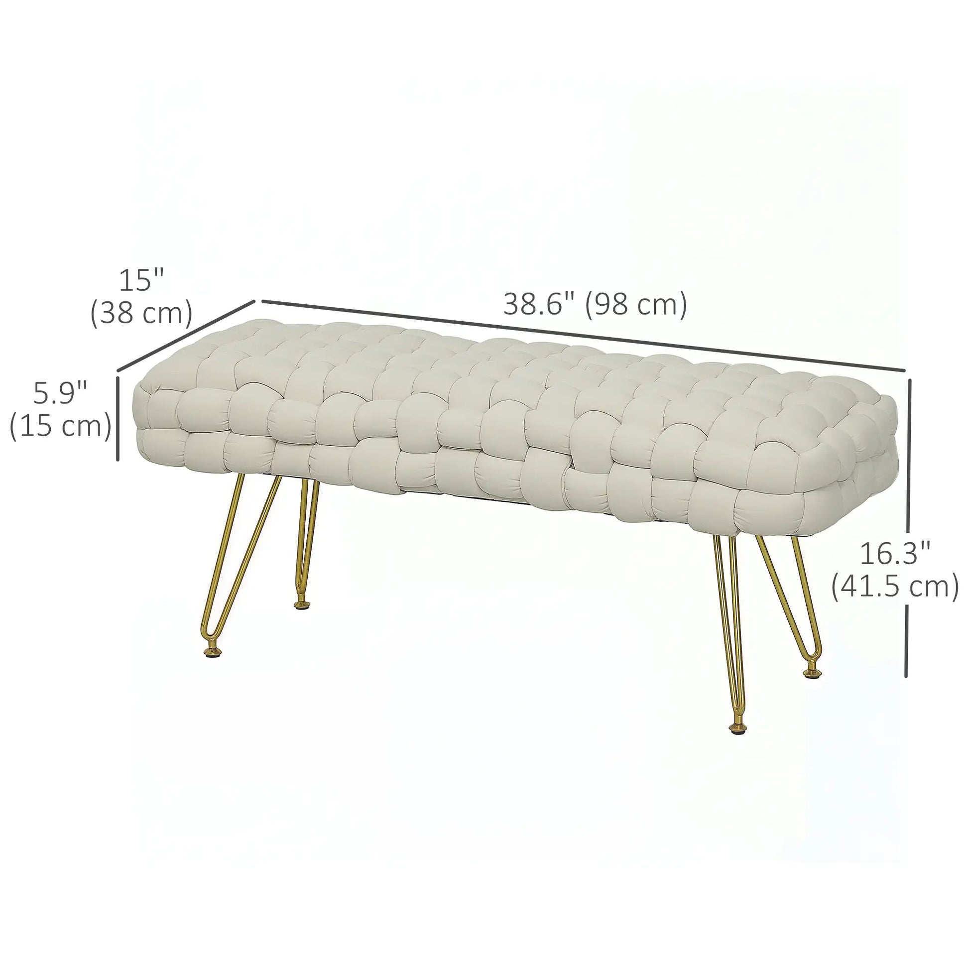 Velvet End of Bed Bench, 39", Gold Metal Legs, Cream White Storage Ottomans & Benches at Gallery Canada
