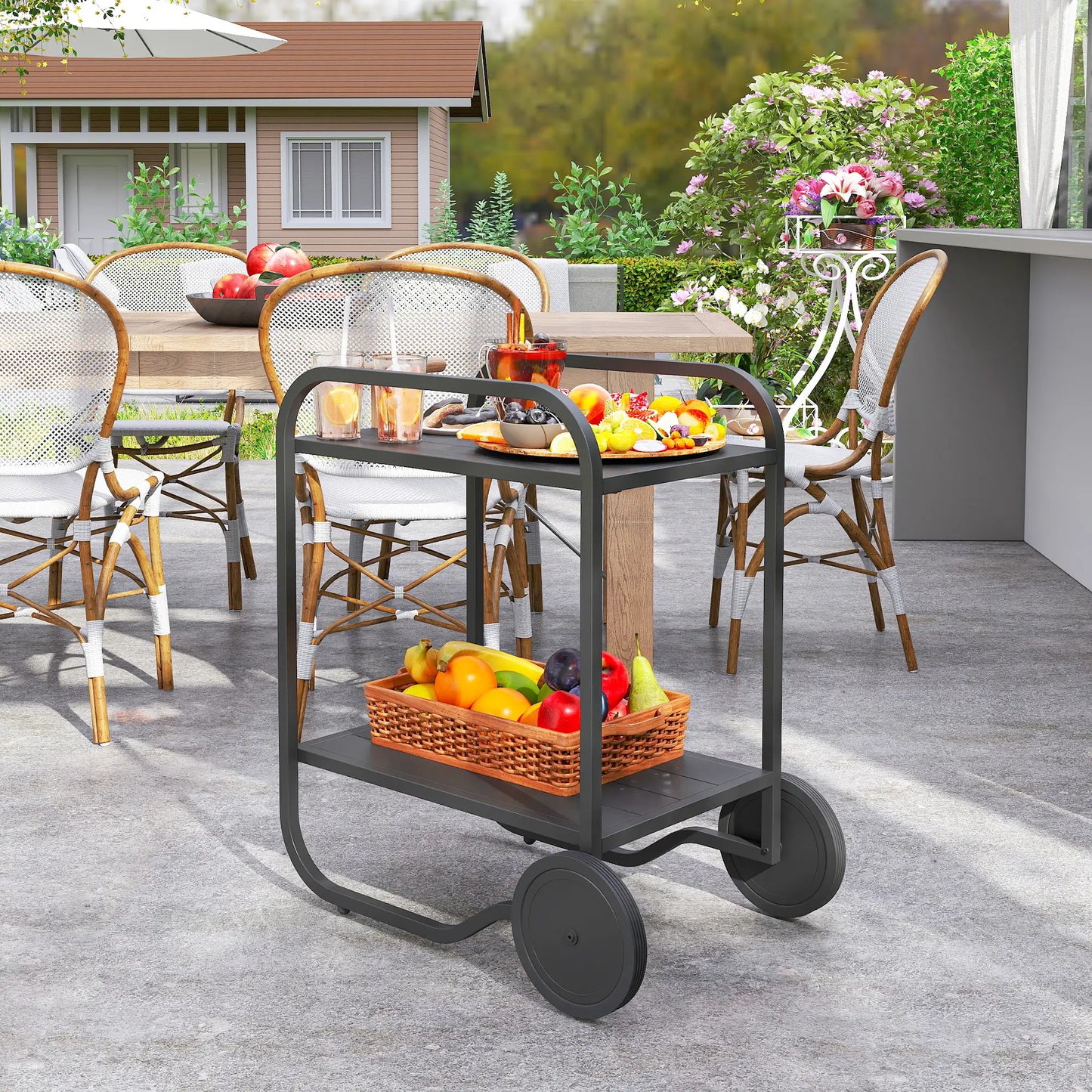 Outdoor Grill Cart With Storage, 2-Tier Bar Cart On Wheels, Steel Frame, Black Outdoor Grill Carts at Gallery Canada