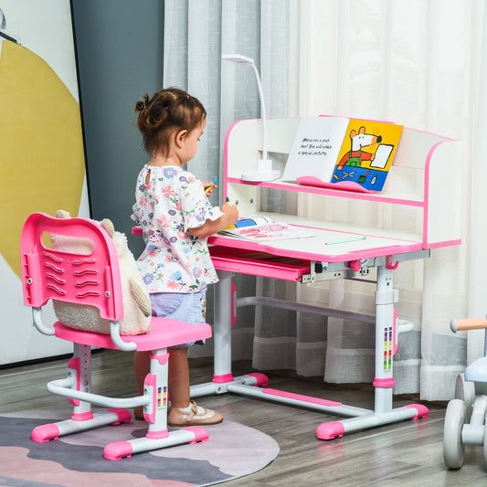 Kids Desk and Chair Set Height Adjustable Student Writing Desk Children School Study Table with LED Lamp, Bookshelf, Drawer, Reading Board, Pen Slot, Hook, Pink - Gallery Canada