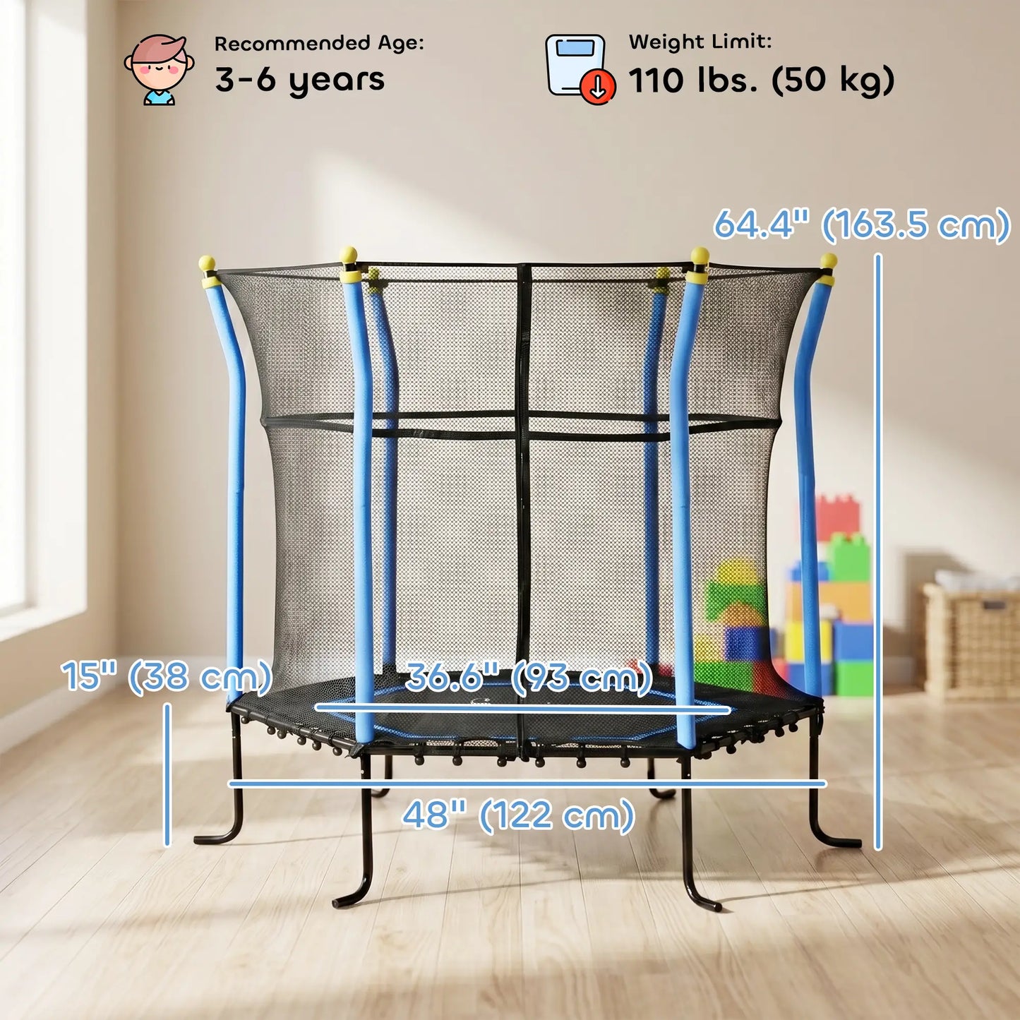 64 Inch Kids Trampoline with Enclosure Net, for Ages 3-10, Blue Trampolines at Gallery Canada