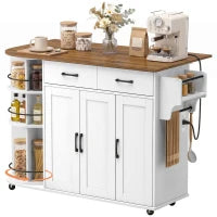 53" Kitchen Island with Outlet, Drop Leaf, Cart on Wheels, White