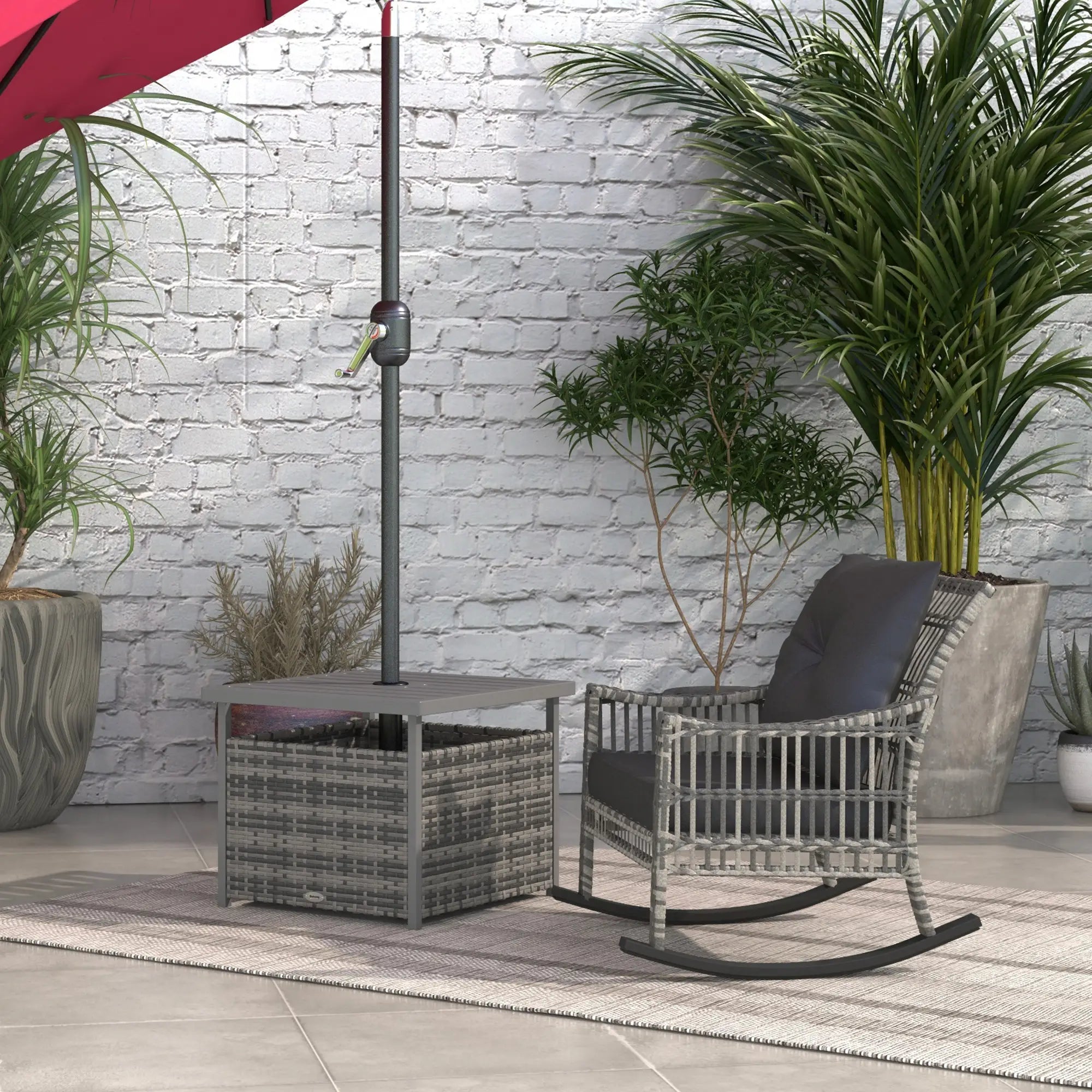 Rattan Coffee Table, Wicker Patio, Umbrella Hole, Mixed-Grey Patio Side Tables at Gallery Canada