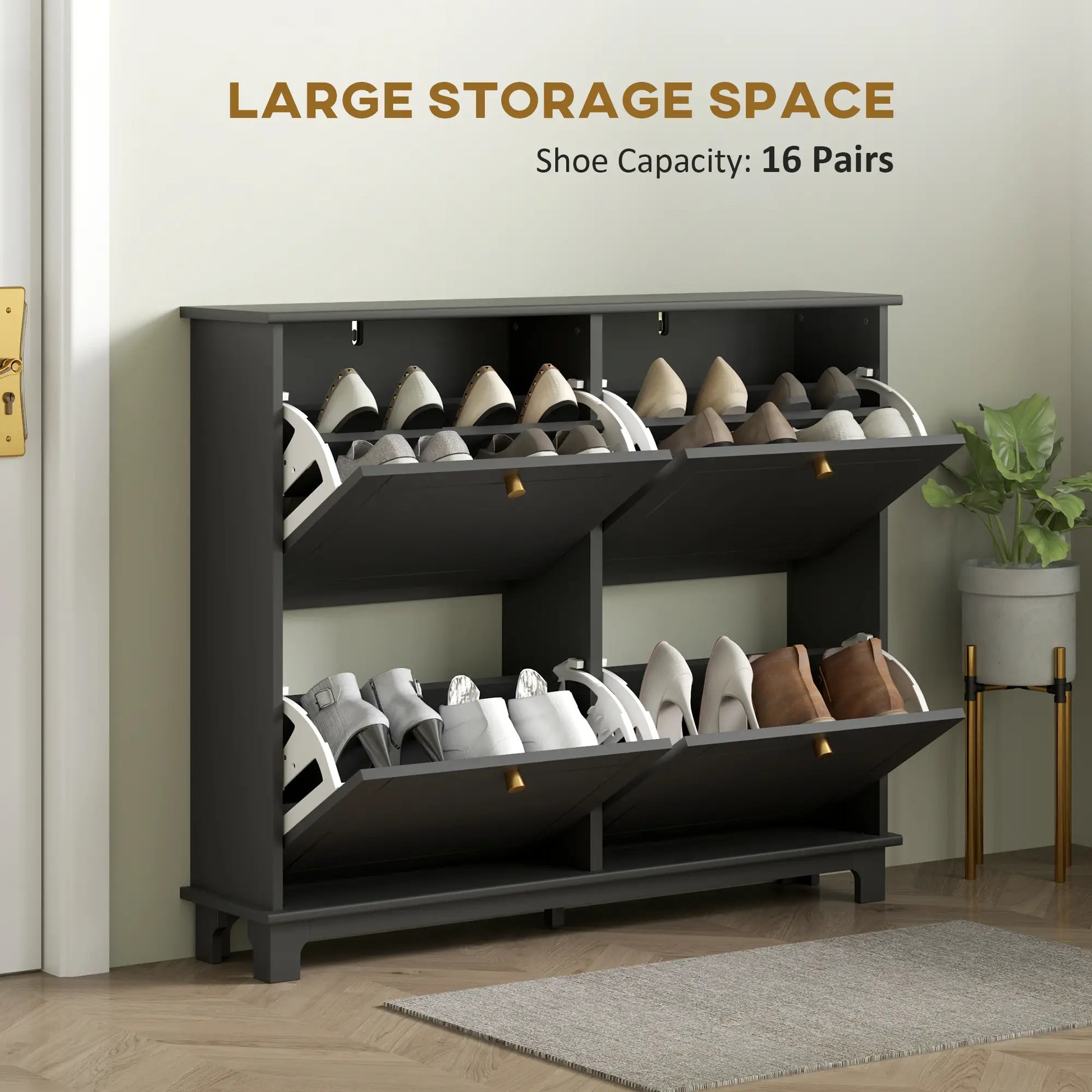 Modern Shoe Storage Cabinet, 4 Flip Drawers, Adjustable Shelves, 5 Legs, Black Shoe Storage Cabinets & Racks at Gallery Canada