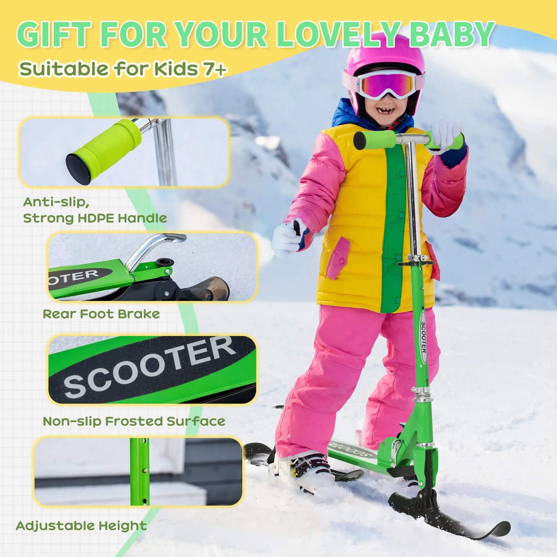 Adjustable Height Snow Scooter Sled for Kids, Over 7 Years, Green Snow Scooters at Gallery Canada