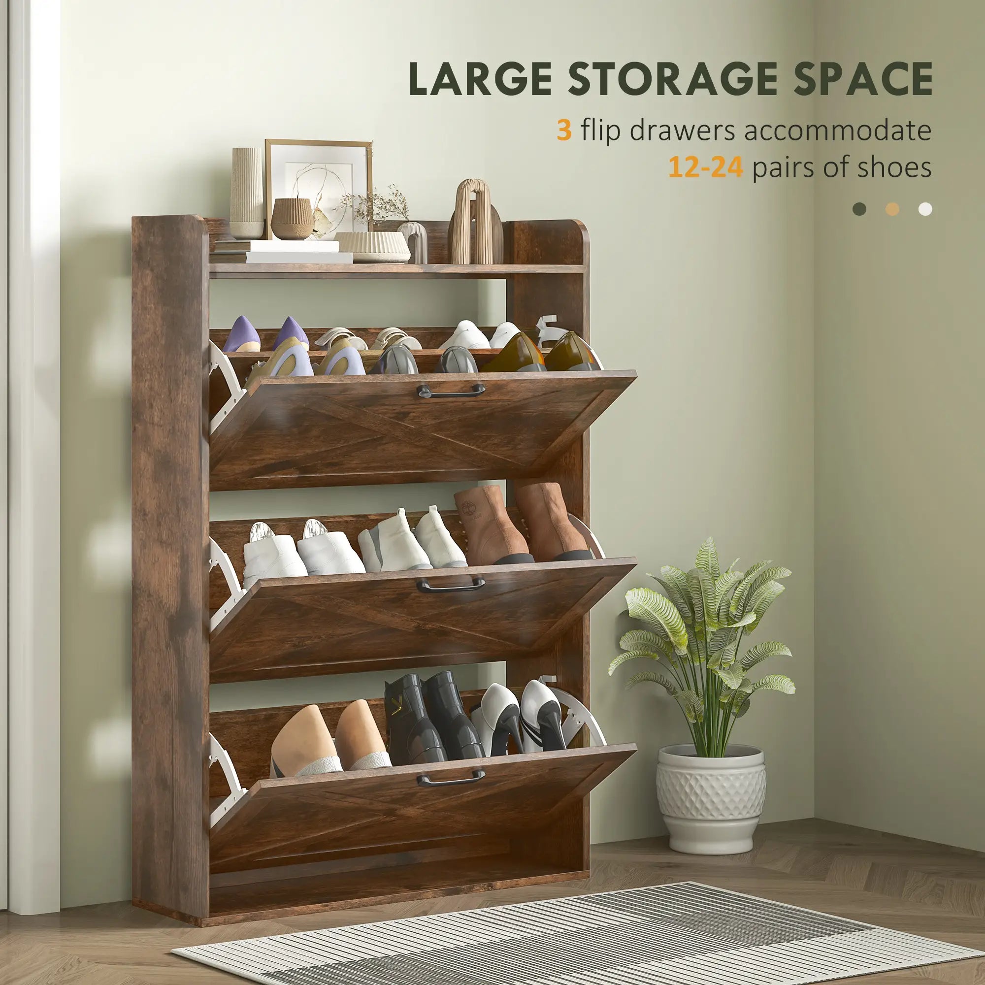 Narrow Shoe Storage Cabinet, 3 Flip Drawers, Adjustable Shelves, Rustic Brown Shoe Storage Cabinets & Racks at Gallery Canada